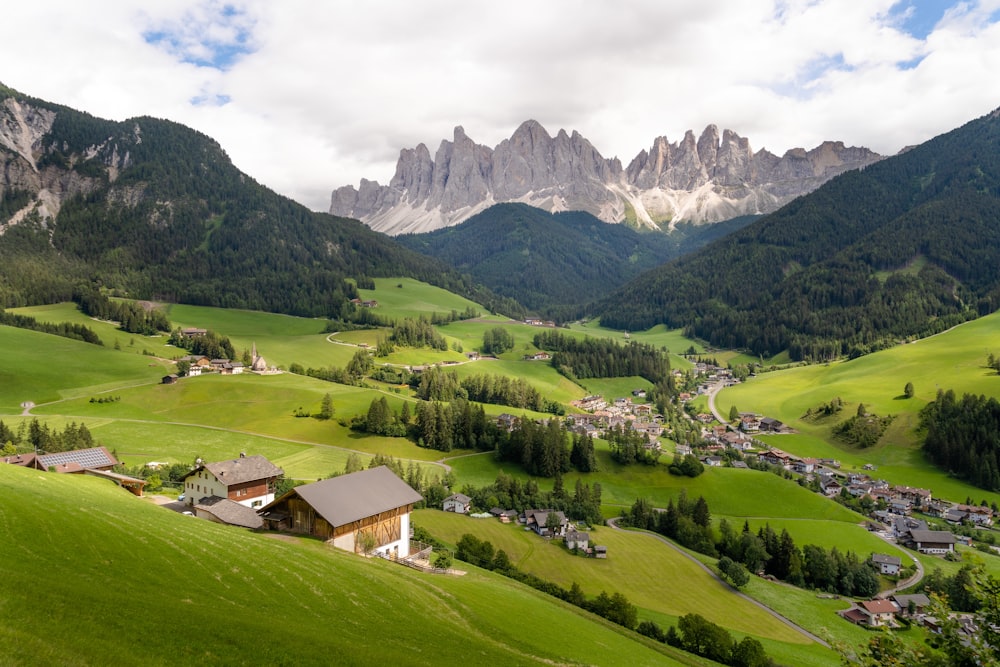 a green valley with mountains in the background