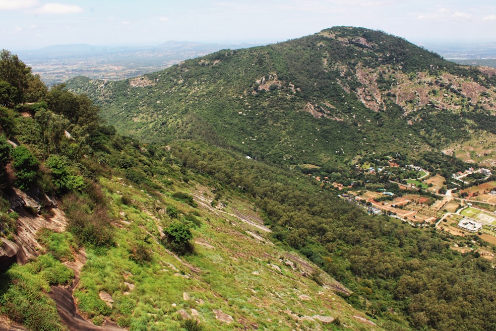 a scenic view of a valley with a mountain in the background