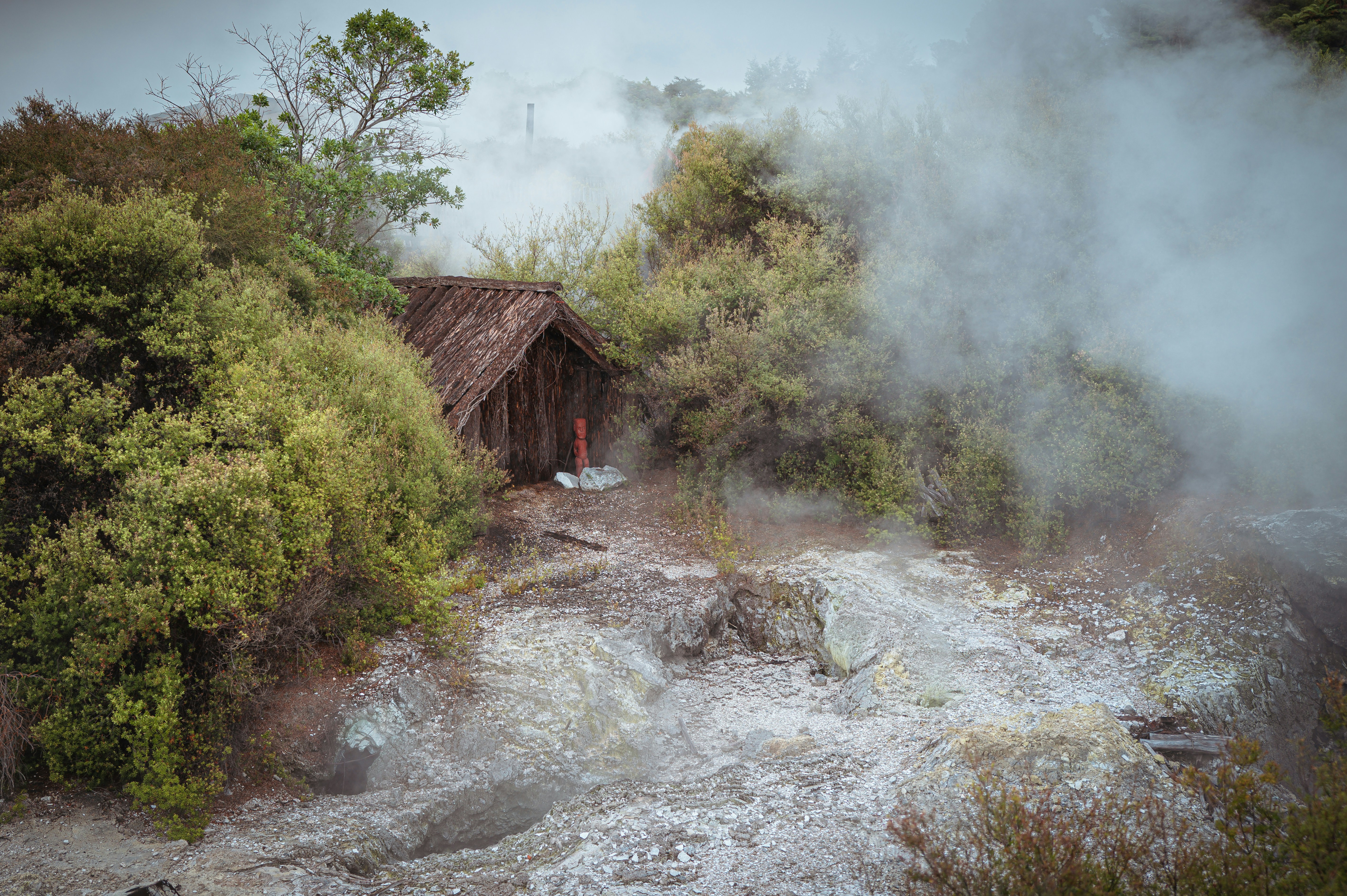 A small structure in a steaming river amid geothermal ground, New Zealand