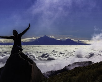 a person standing on top of a mountain above the clouds