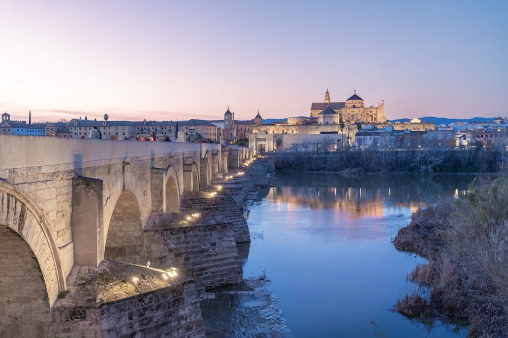 a bridge over a river with a castle in the background