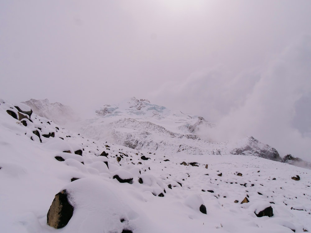 a snow covered mountain with rocks and snow