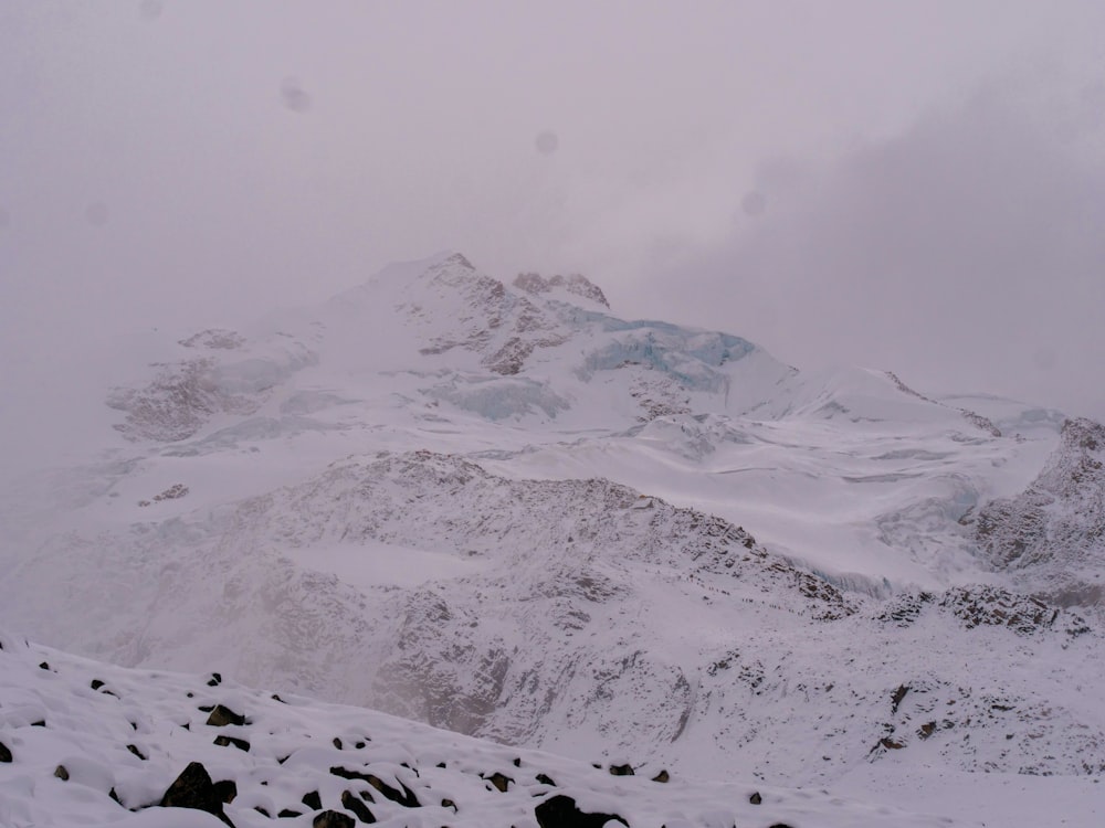 a mountain covered in snow with a sky background