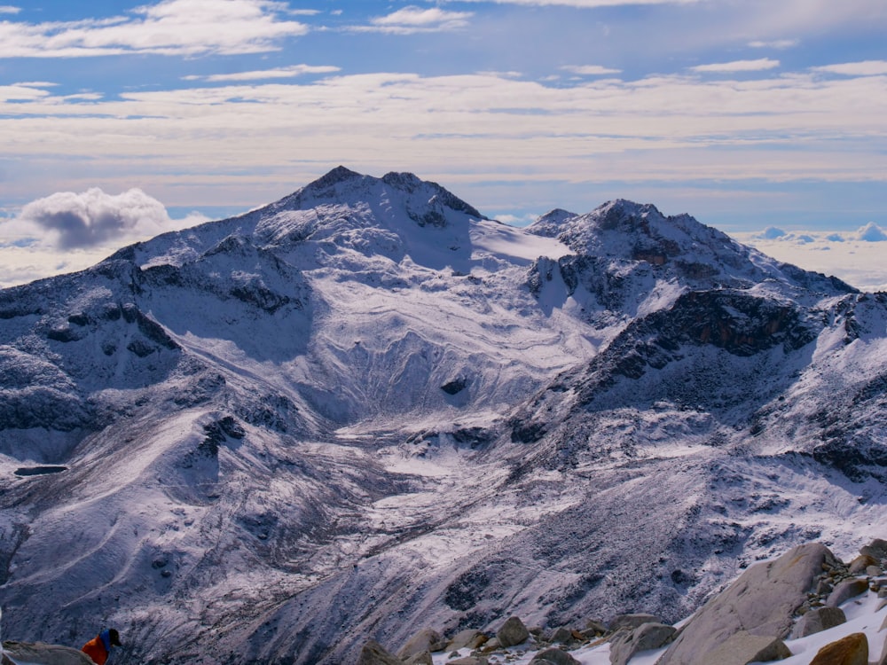 a mountain range covered in snow under a cloudy sky