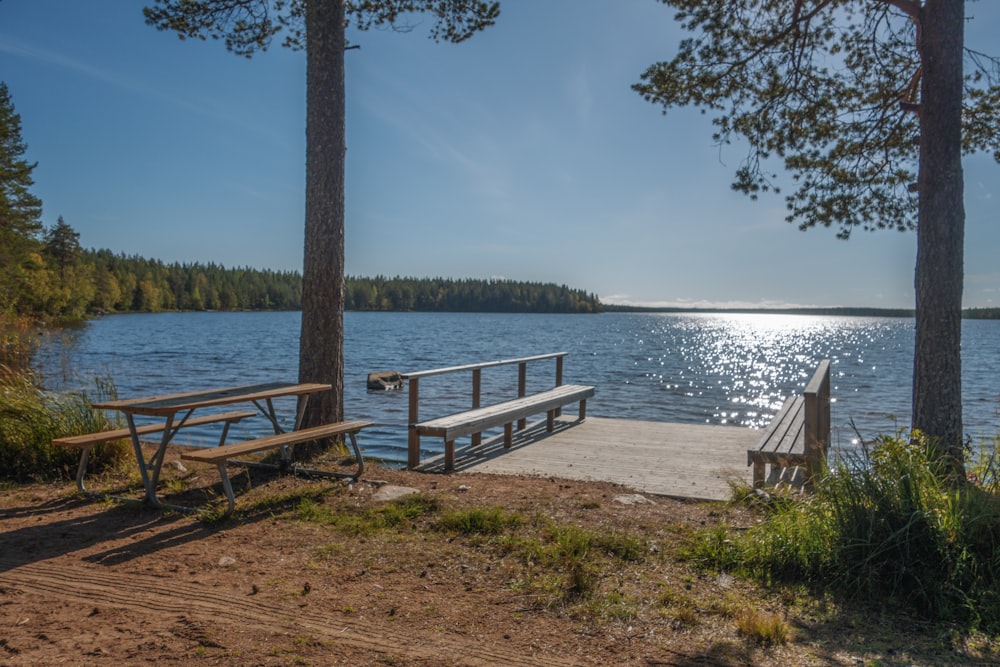 a wooden dock sitting next to a body of water