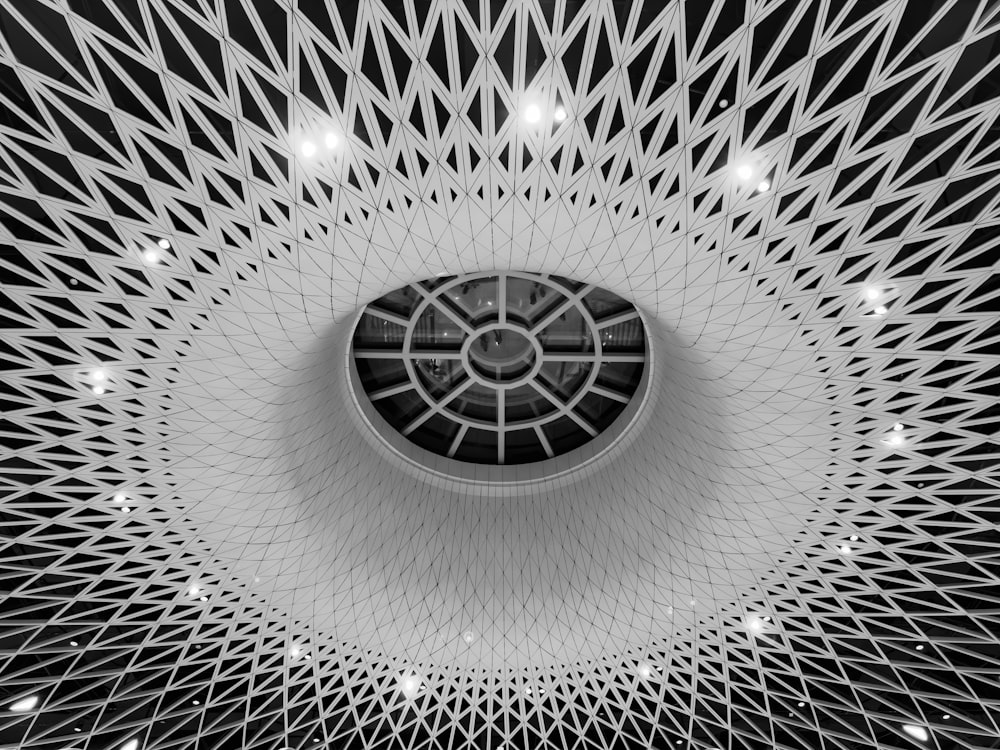 a black and white photo of a ceiling