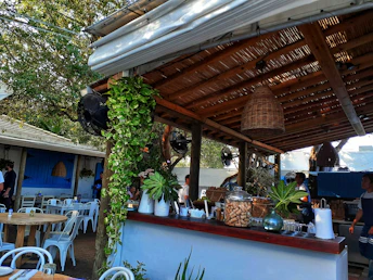 a restaurant with tables and chairs covered in plants