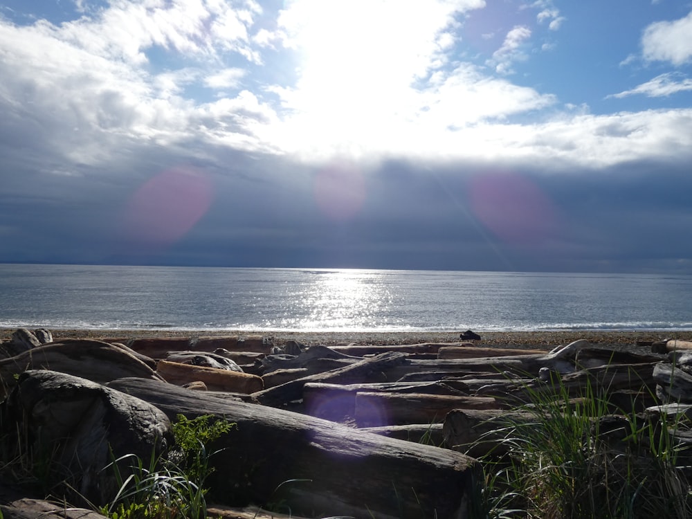 the sun is shining over the ocean and rocks