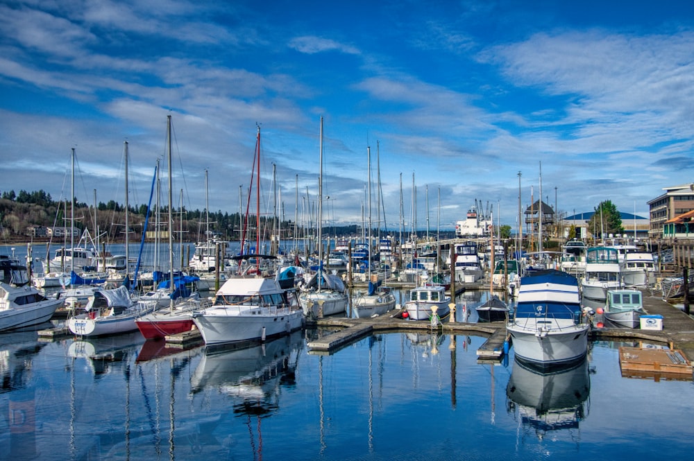 a harbor filled with lots of boats under a blue sky