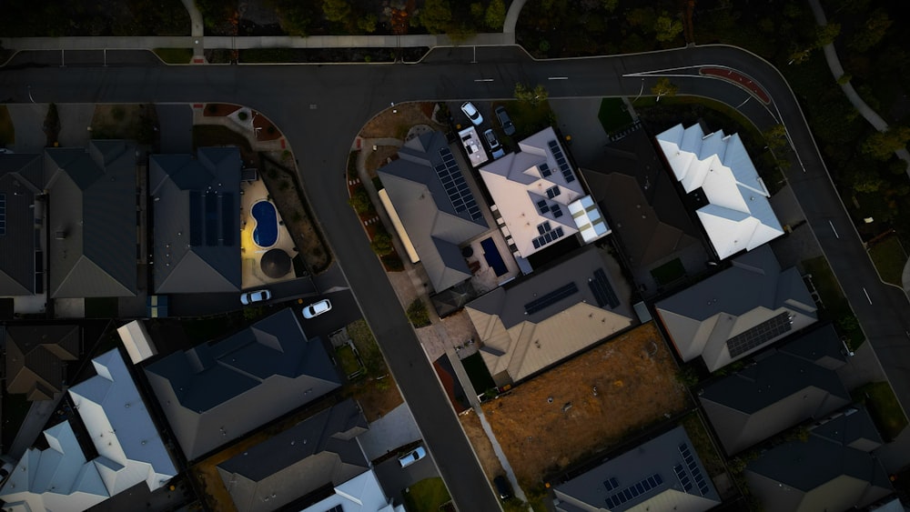 an aerial view of a residential area at night