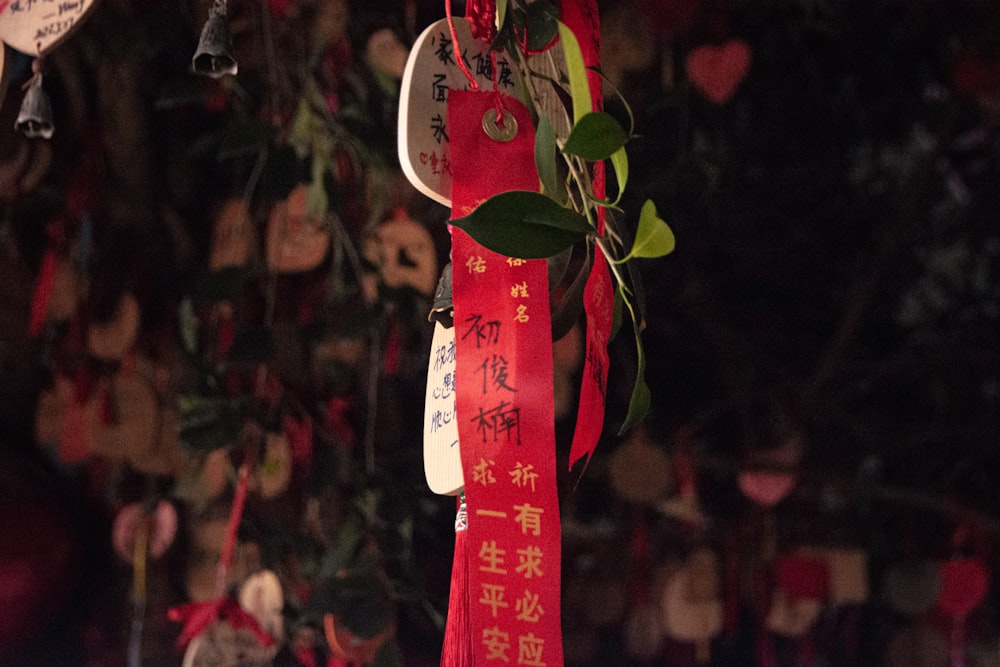 a bunch of red ribbons hanging from a tree