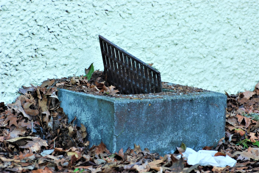a metal grate sitting on top of a pile of leaves