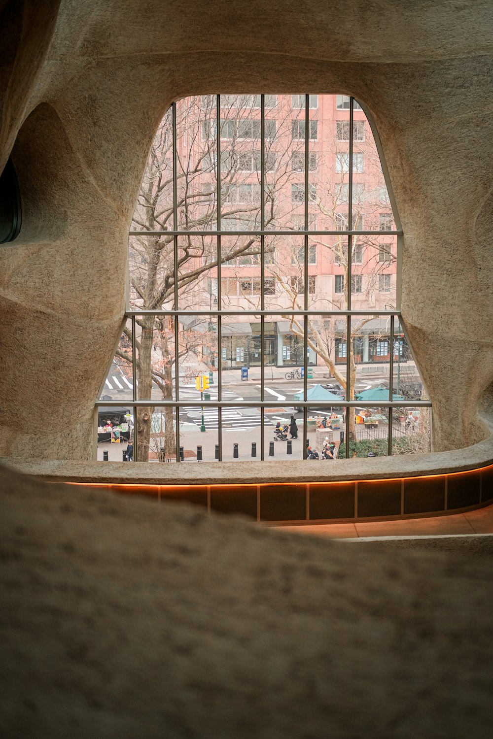 a view of a building through a large window