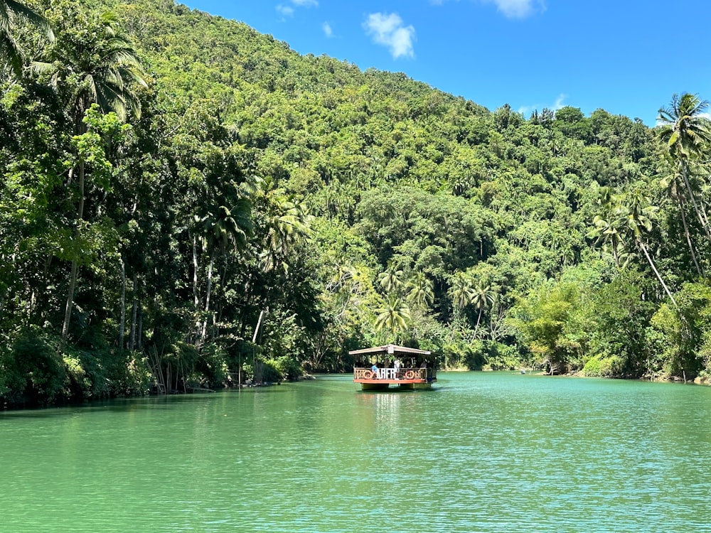 a boat traveling down a river next to a lush green forest