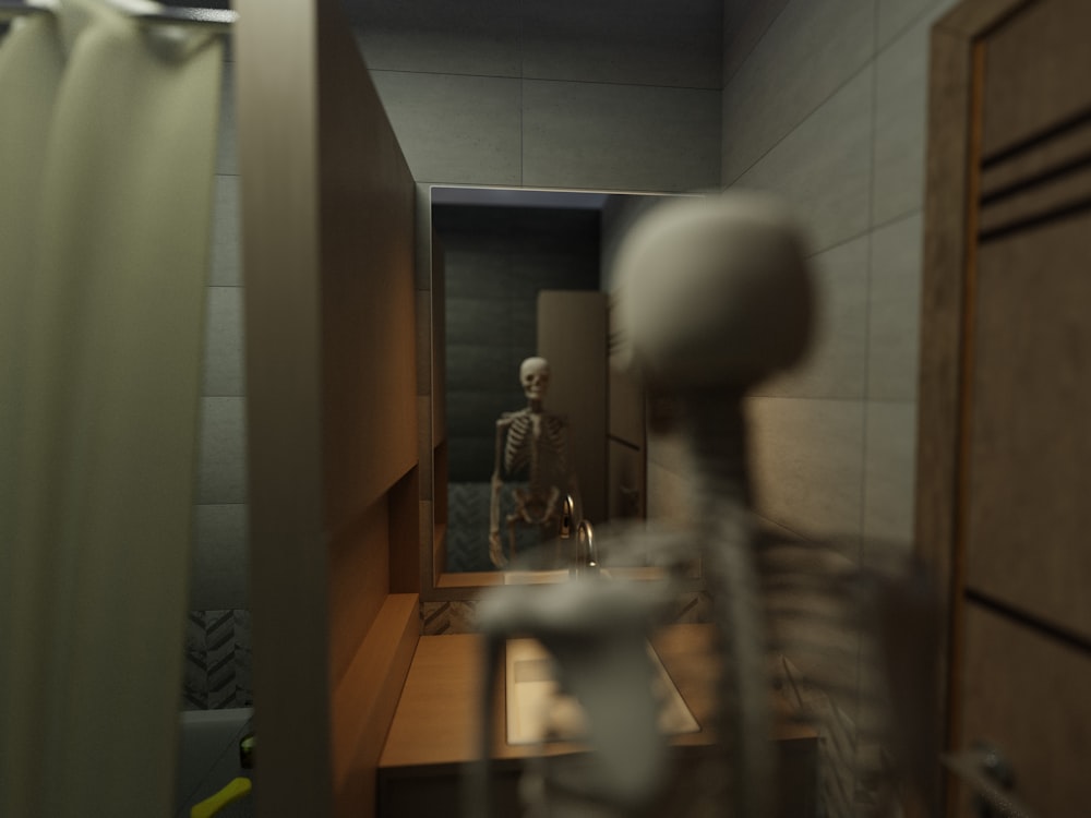 a skeleton is standing in the bathroom looking at himself in the mirror