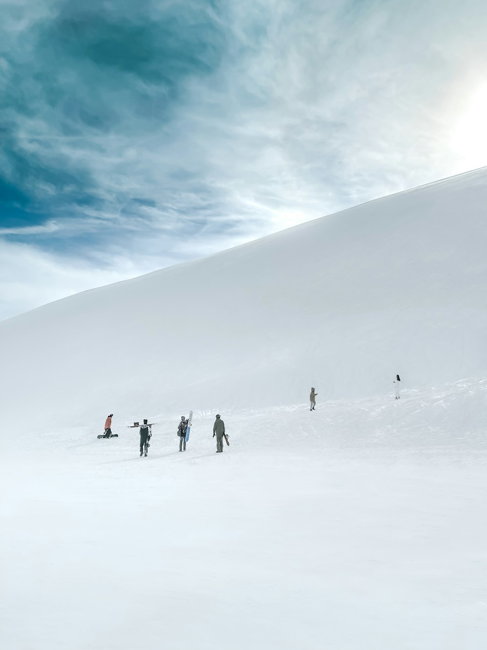 a group of people standing on top of a snow covered slope