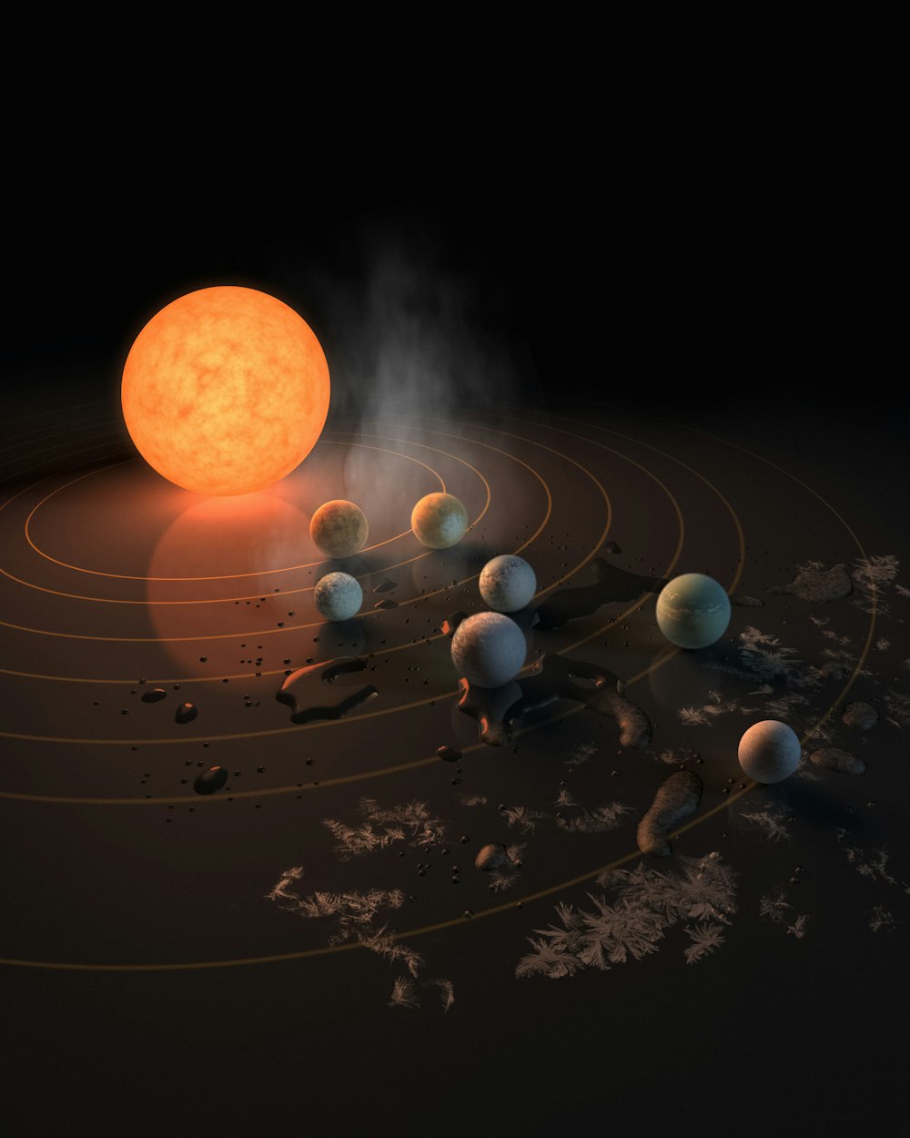 uma representação artística de um sistema solar com oito planetas