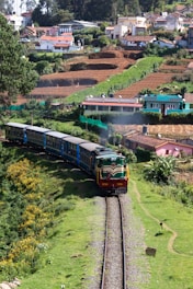a train traveling through a lush green countryside