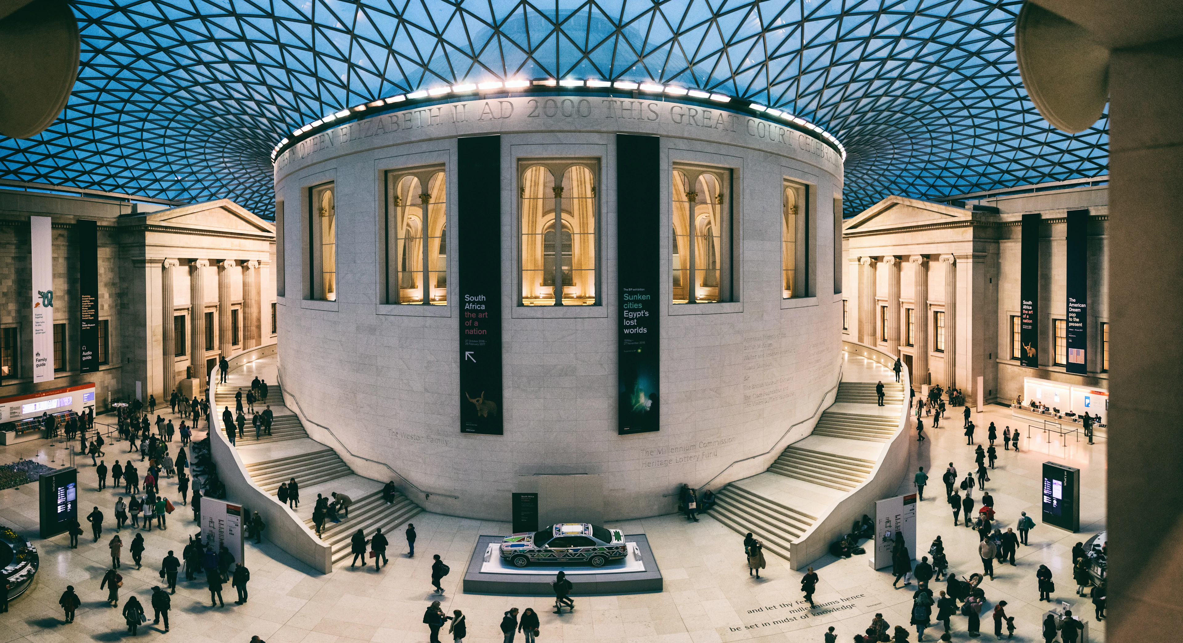 The Great Court of the British Museum under its glazed lattice roof, the round Reading Room in the middle