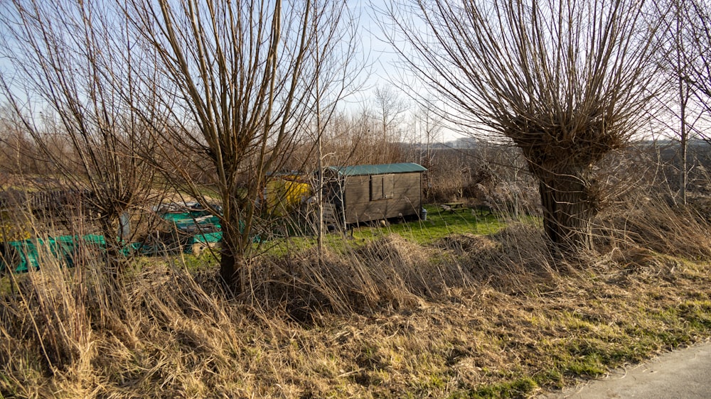 a truck parked in a field next to a tree