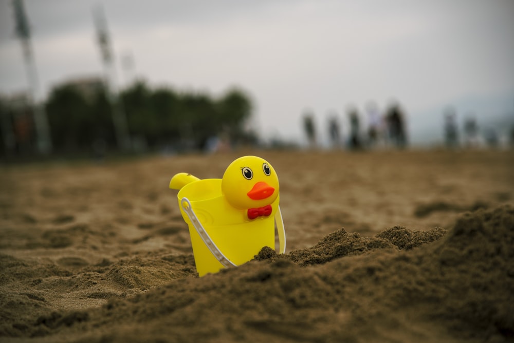 a yellow toy duck in the sand on a beach