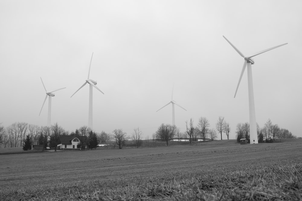 a black and white photo of a wind farm