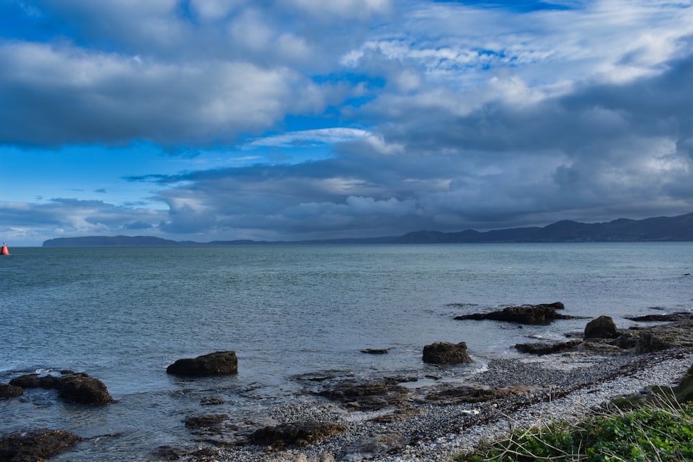 a body of water surrounded by rocks and grass