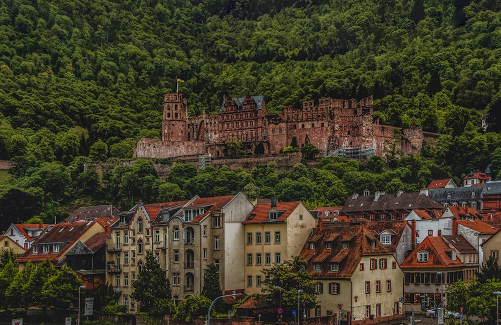 a group of buildings sitting on top of a lush green hillside