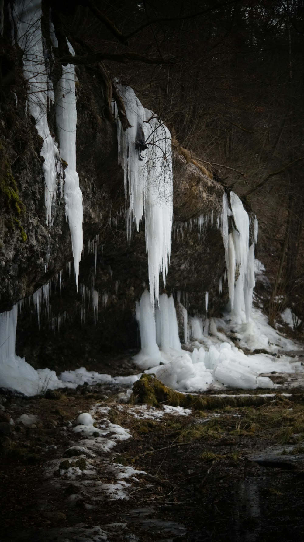 a group of icicles hanging from the side of a cliff