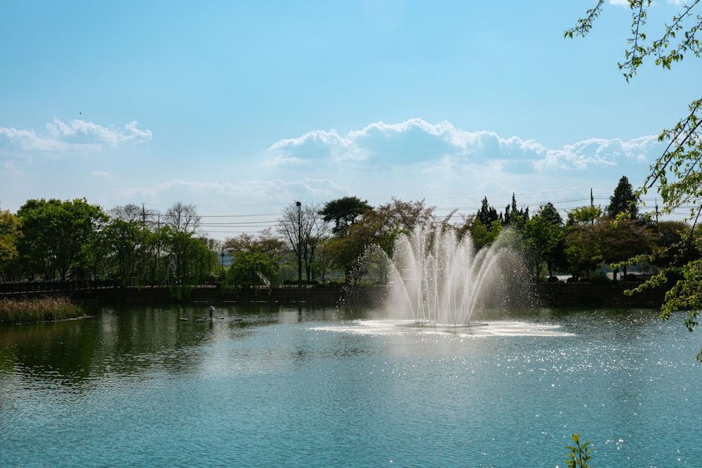 a lake with a fountain in the middle of it