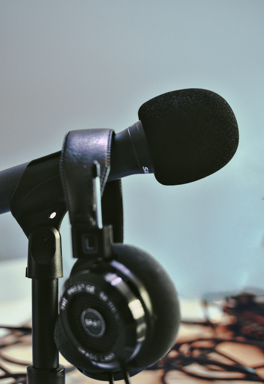 a close up of a microphone and headphones