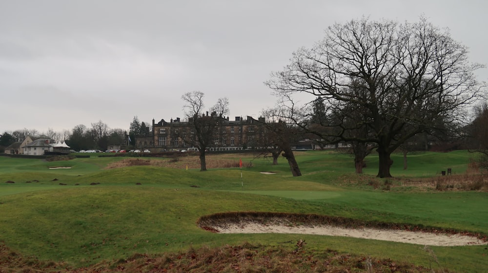 a view of a golf course with a hole in the foreground