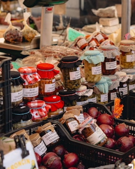 a variety of food items on display at a market
