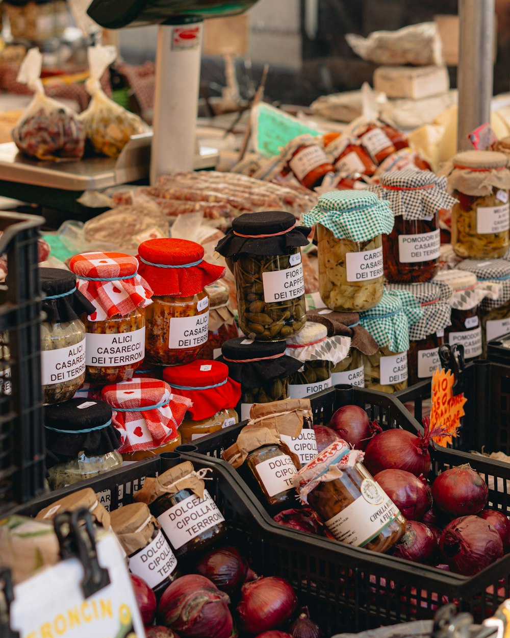 a variety of food items on display at a market