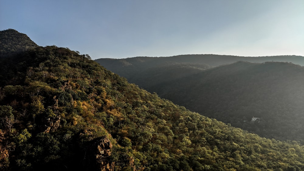 a view of a mountain with trees and mountains in the background