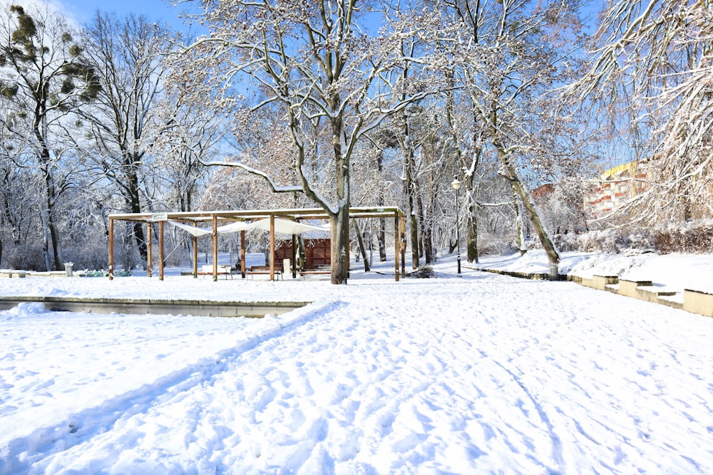 a park covered in snow next to trees