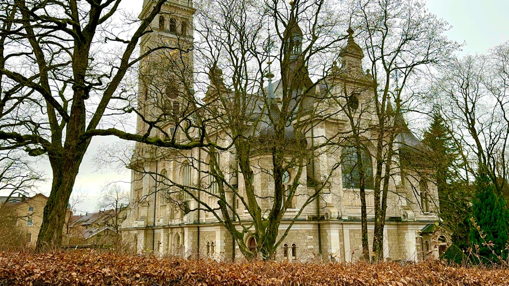 a large church with a clock tower surrounded by trees