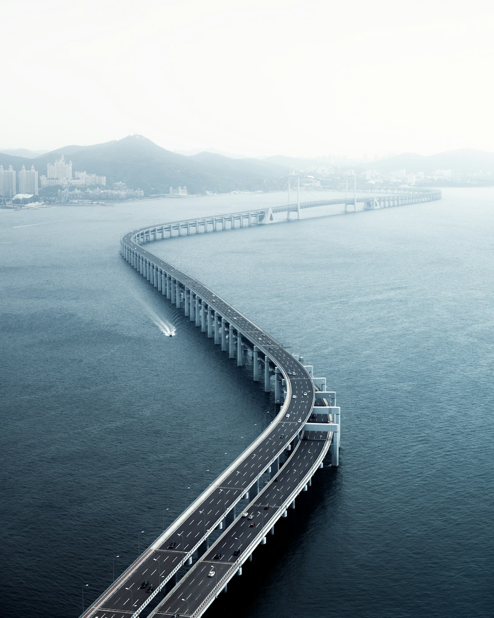 a long bridge over a large body of water