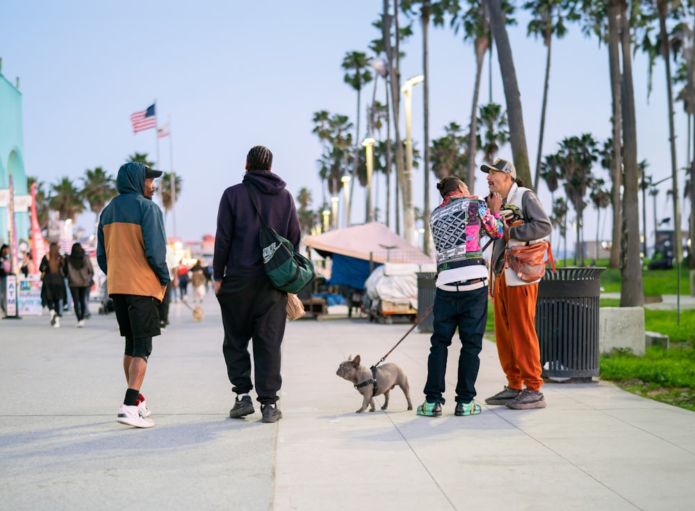 a group of people walking a dog down a sidewalk