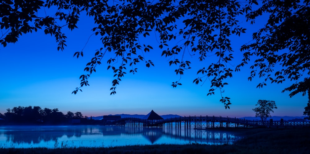 a body of water with a bridge in the background