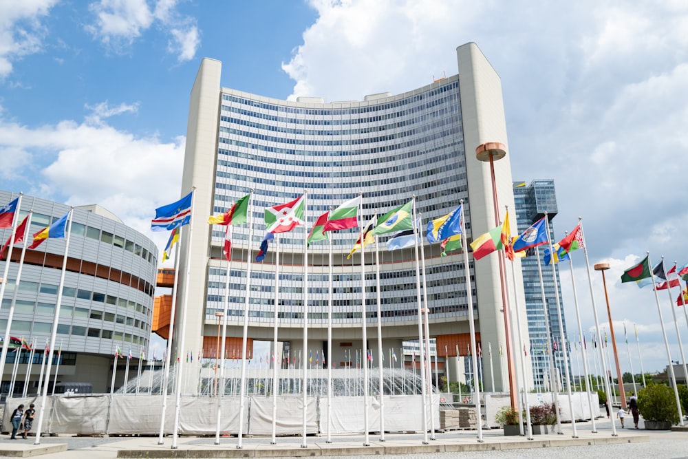 un grand bâtiment avec beaucoup de drapeaux devant lui