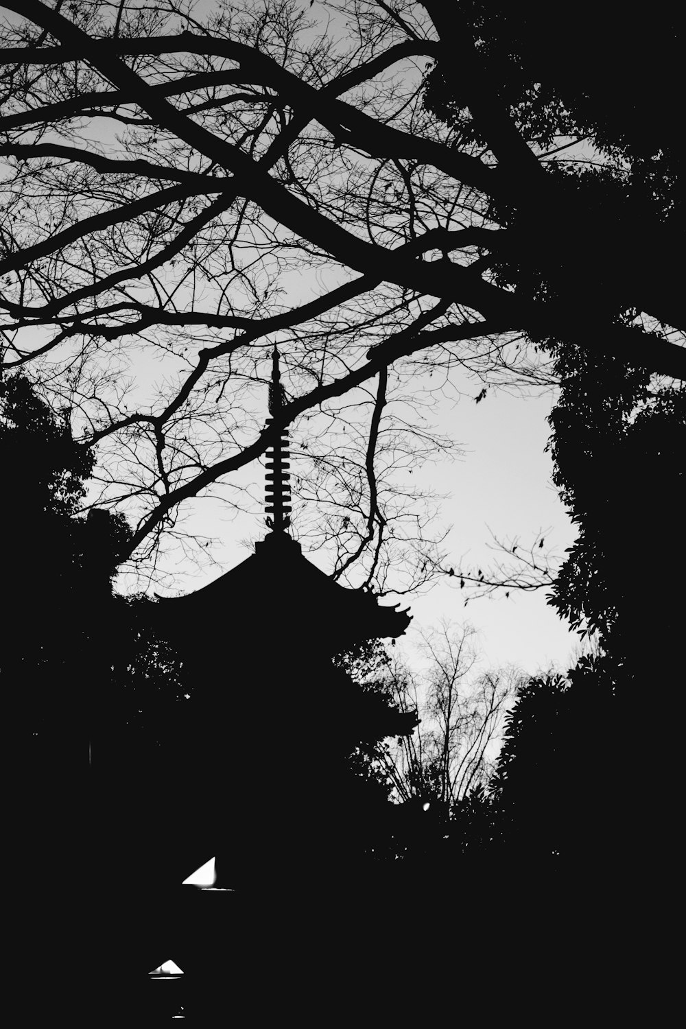 a black and white photo of a pagoda