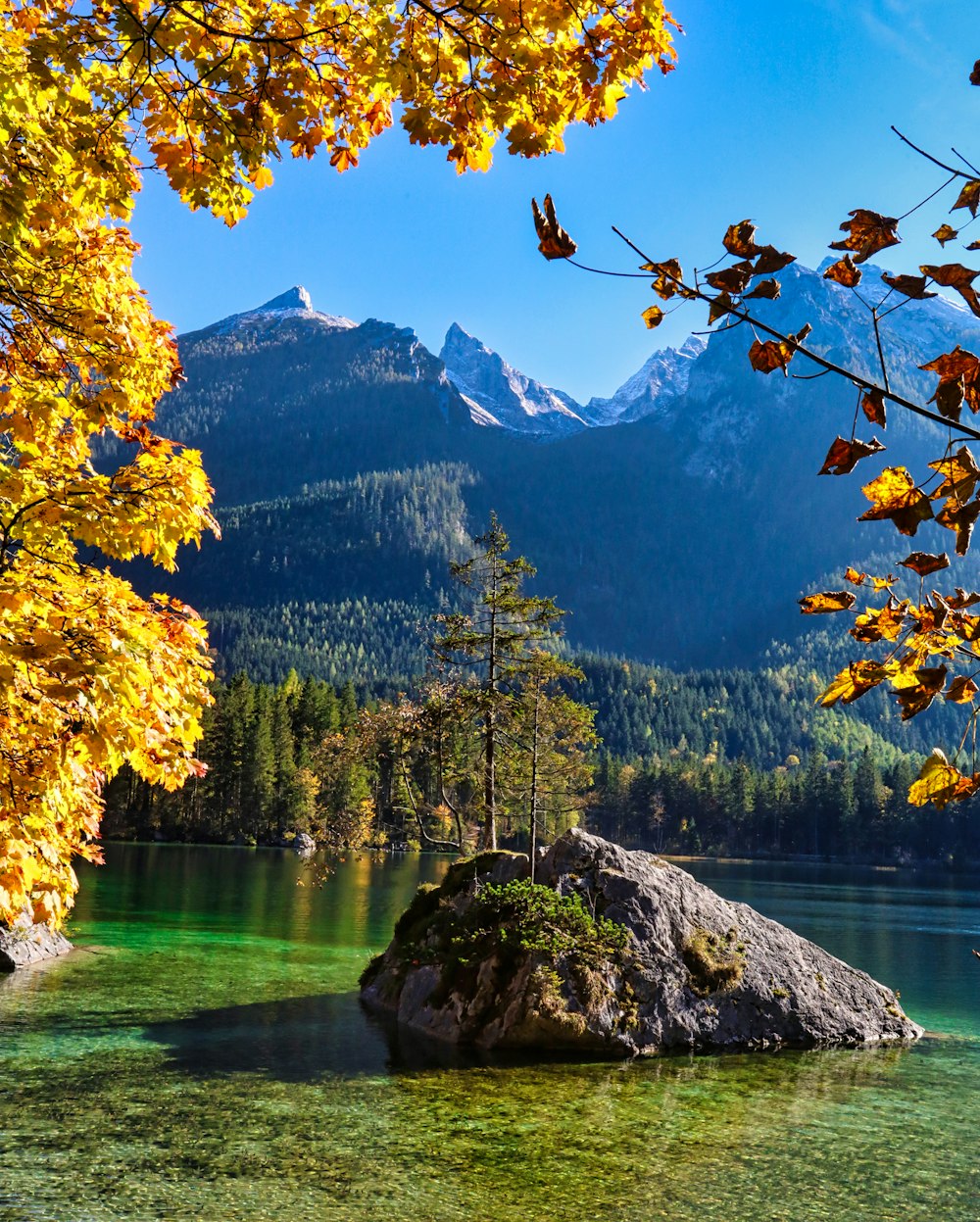 a lake surrounded by mountains and trees