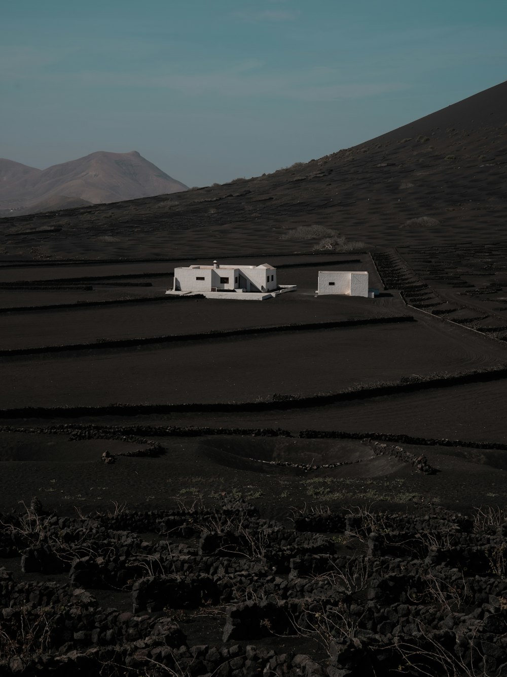 a black and white photo of a house in the middle of nowhere