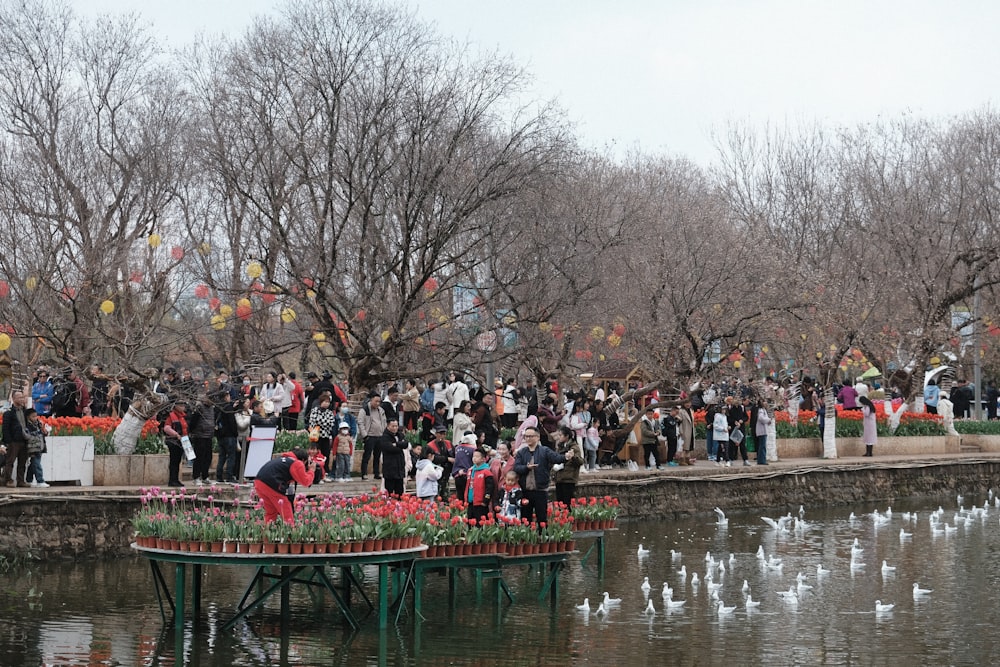 a large group of people standing around a pond