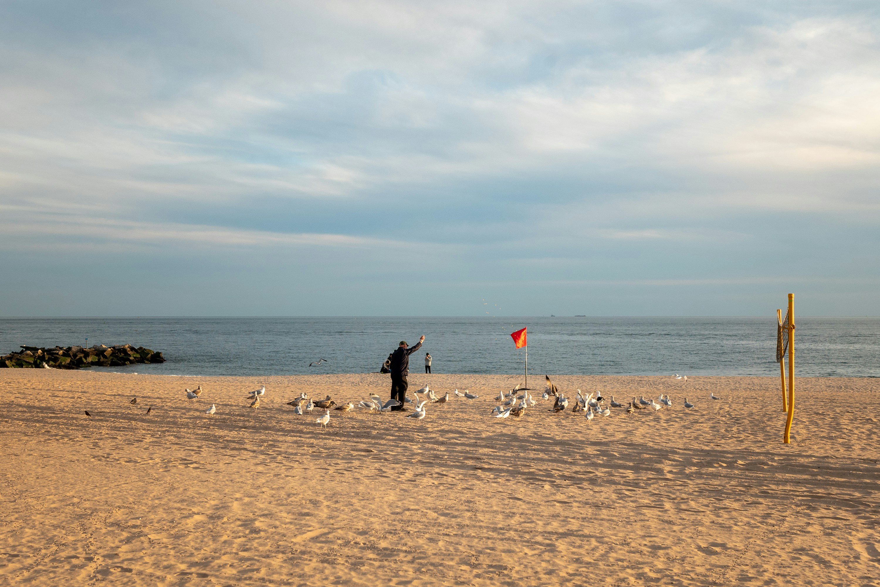 a person on a beach flying a kite