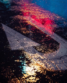a close up of a street sign on a wet street