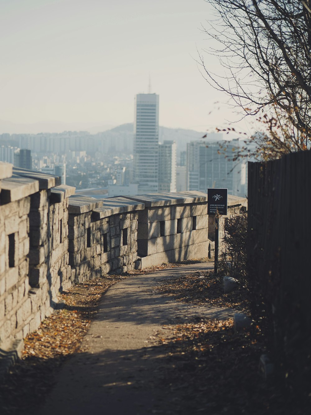 a stone wall next to a sidewalk with a city in the background