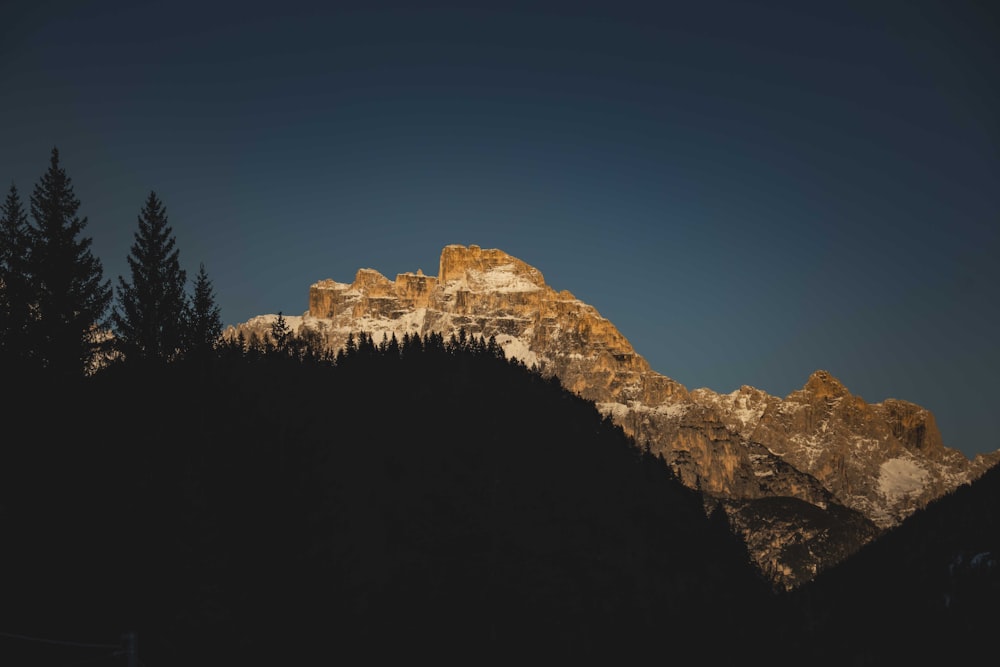 a view of a mountain with trees in the foreground