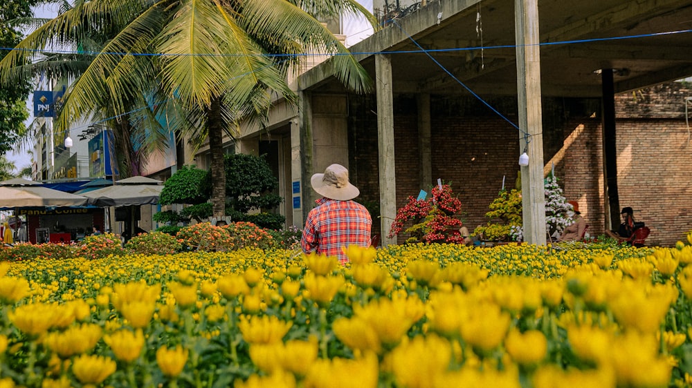 a man standing in a field of yellow flowers